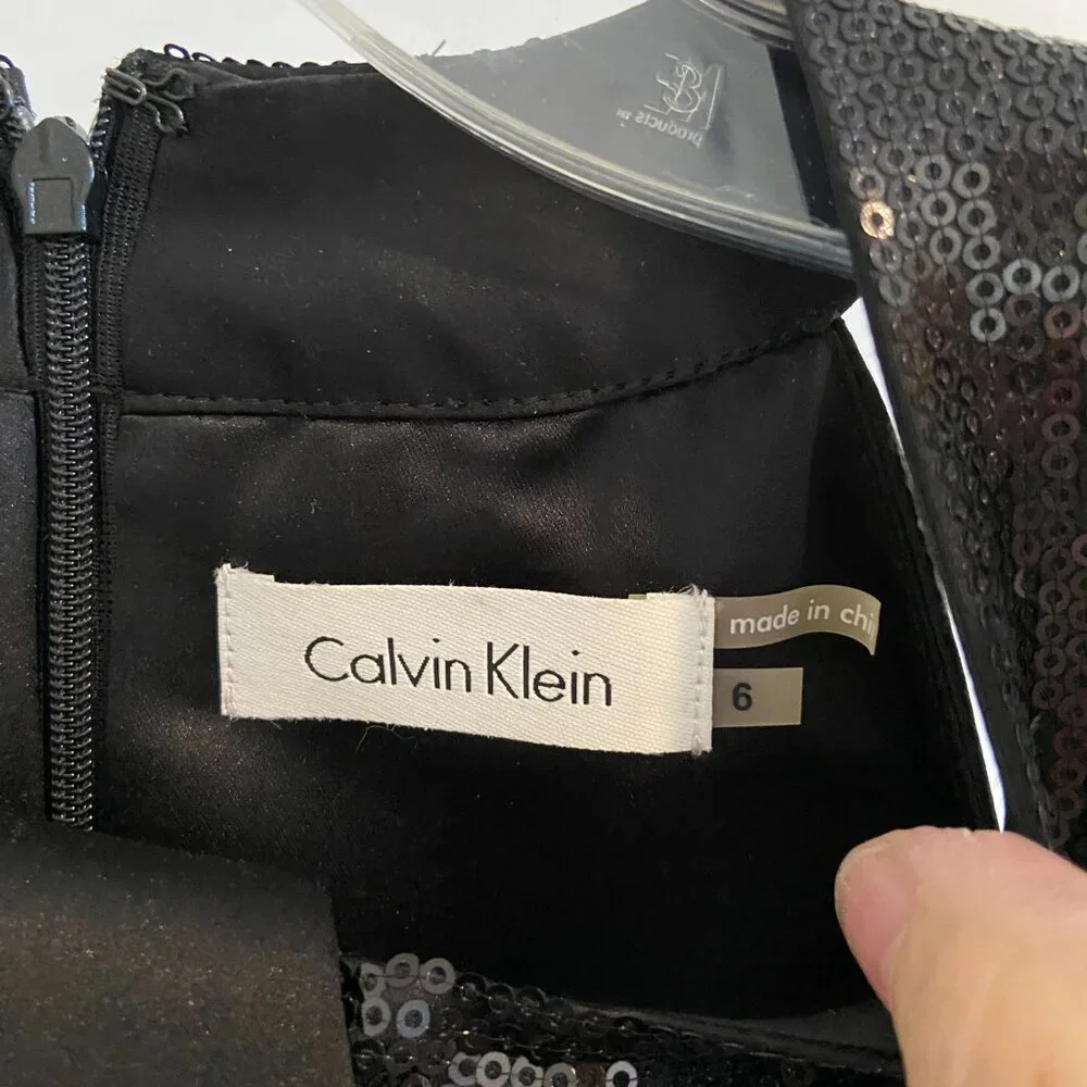 Calvin Klein Black Satin Evening Gown w/ Sequin Neckline – Size 6 (Worn Once) - Picture 3 of 6